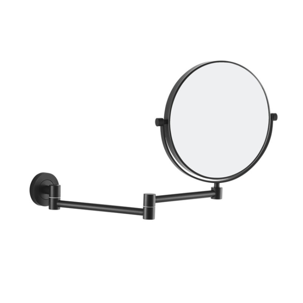 Product Cut out image of the Origins Living Hutton Black Reversible 5X Magnifying Wall Mirror with its arm fully extended
